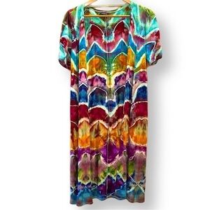 Fabulous hand tie dyed rayon rainbow duster short sleeves jewel tones funky M/L